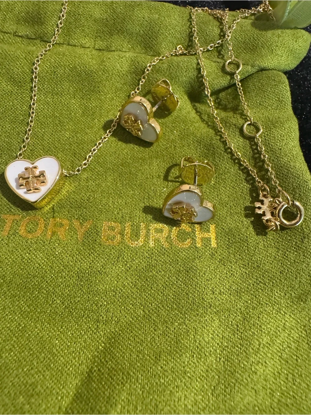 Tory Burch Gold and White Heart Logo Necklace with Matching Studs